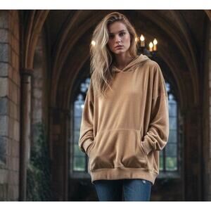 American Eagle Hoodie Velour Pale Yellow SZ Med Kangaroo Pocket Cropped Dolman